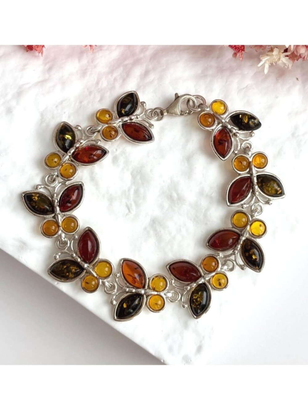 Baltic Amber Butterfly Figural Chainlink Sterling Silver 925 Vintage Bracelet